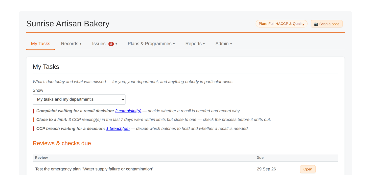 A trainee's My Tasks screen on a practice account, showing what's due and recent corrective actions