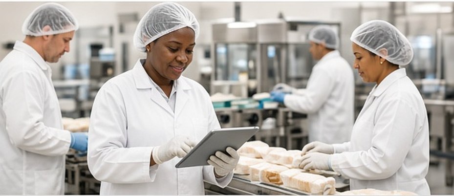 Food production staff in a factory using FoodSafetyNet on a tablet while inspecting packaged bread